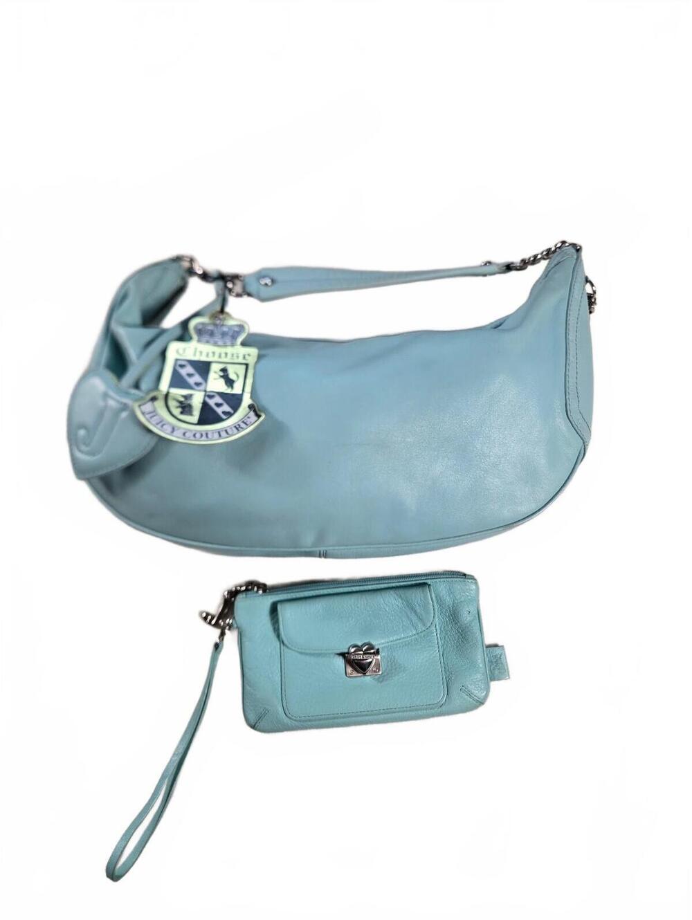 VTG Y2K Juicy Couture Pastel Blue Leather Bow Hobo Bag & Wallet Set NWT McBling